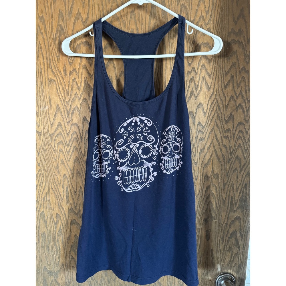 Navy Blue Sugar Skull‎ Racerback Tank Top Womens Medium Day of the Dead Cotton